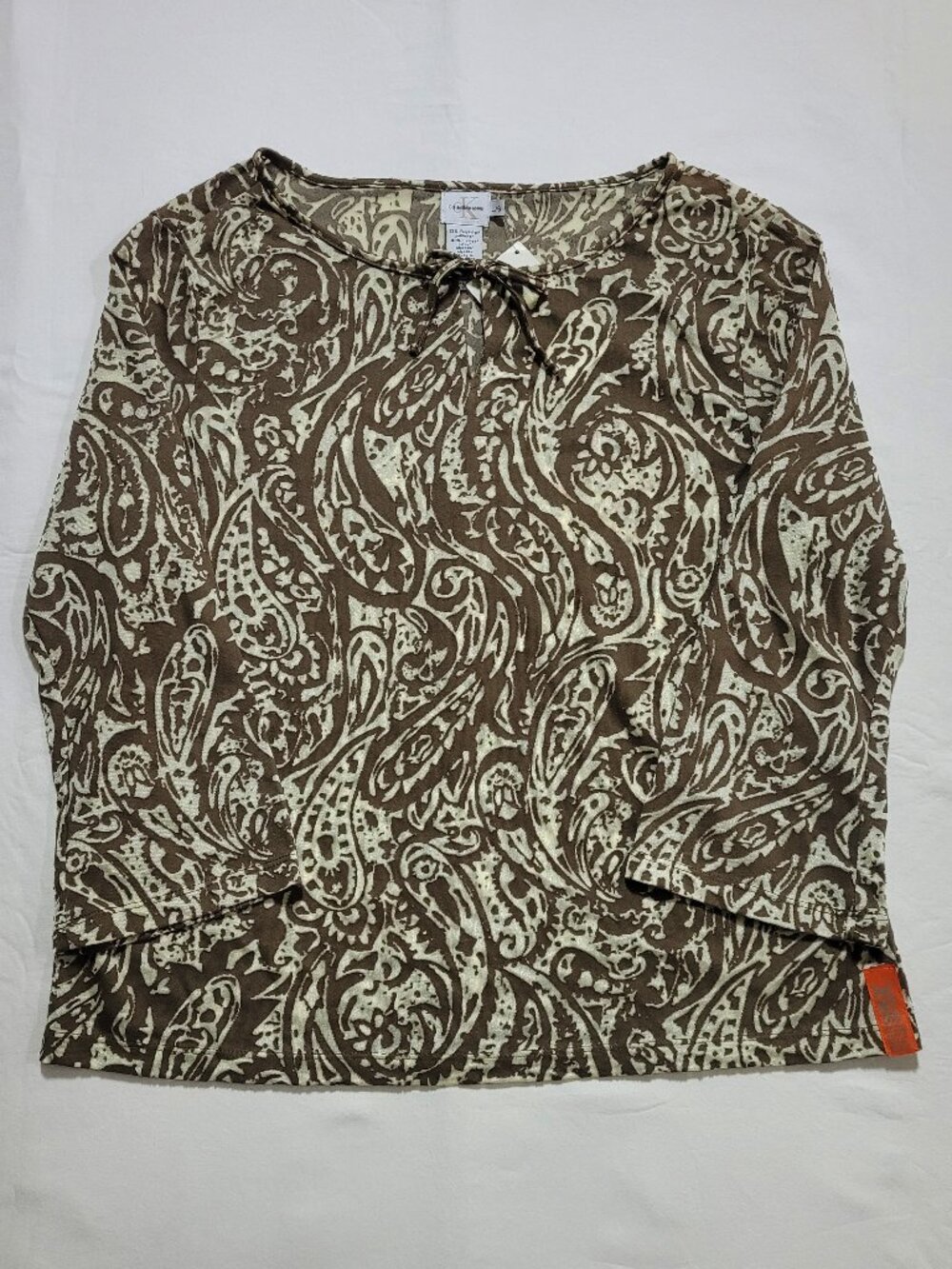 Calvin Klein Jeans Paisley Print Blouse 3/4 Sleeve Brown Mocha Cream Large Boho - Picture 2 of 10